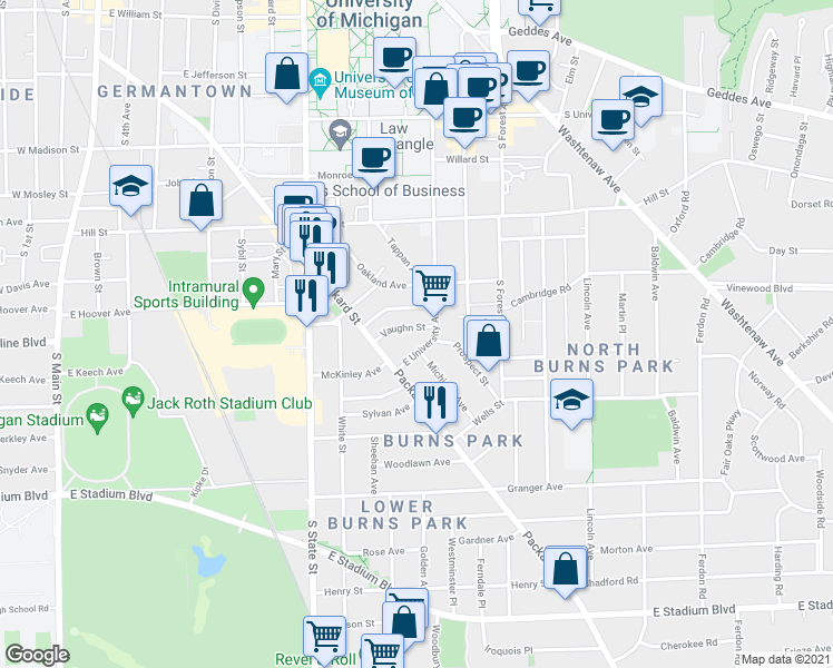 map of restaurants, bars, coffee shops, grocery stores, and more near 1108 East University Avenue in Ann Arbor