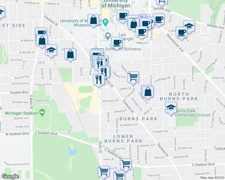 map of restaurants, bars, coffee shops, grocery stores, and more near 1111 White Street in Ann Arbor