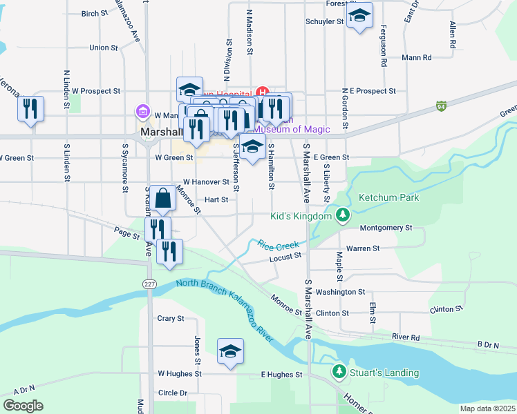 map of restaurants, bars, coffee shops, grocery stores, and more near 213 East Spruce Street in Marshall
