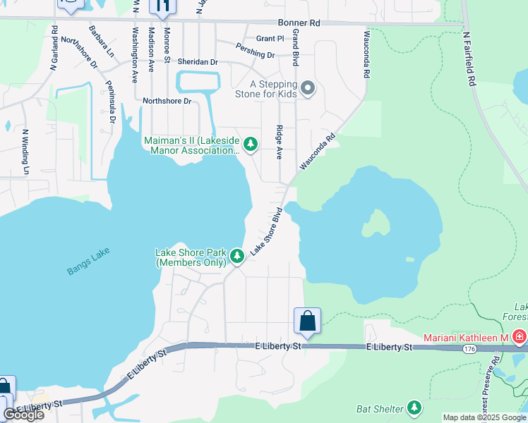 map of restaurants, bars, coffee shops, grocery stores, and more near 611 Lake Shore Boulevard in Wauconda