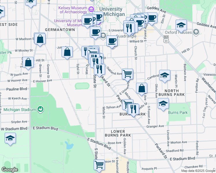 map of restaurants, bars, coffee shops, grocery stores, and more near 818 Packard Street in Ann Arbor