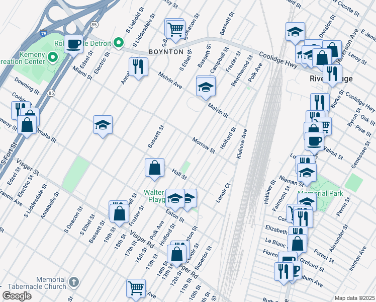 map of restaurants, bars, coffee shops, grocery stores, and more near 420 Beechwood Street in River Rouge
