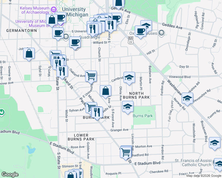 map of restaurants, bars, coffee shops, grocery stores, and more near 1113 South Forest Avenue in Ann Arbor