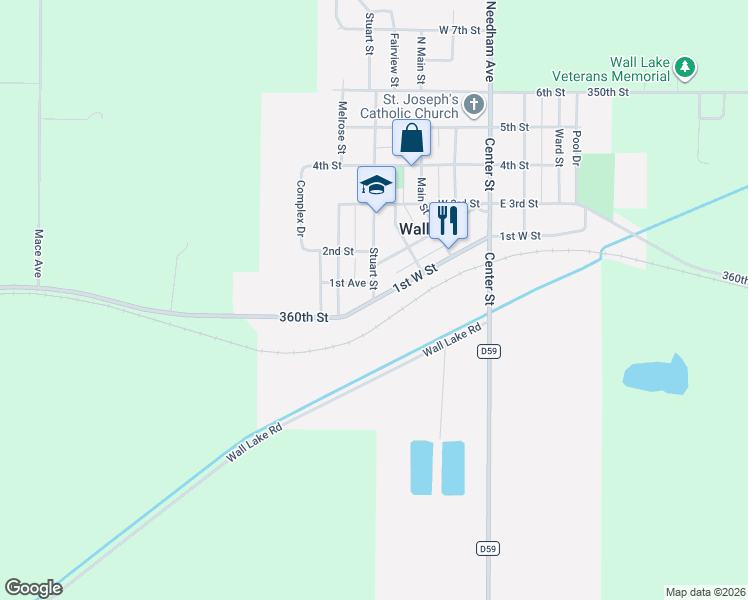 map of restaurants, bars, coffee shops, grocery stores, and more near 317 1st West Street in Wall Lake