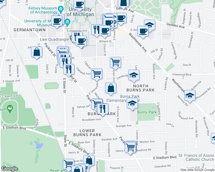 map of restaurants, bars, coffee shops, grocery stores, and more near 1103 Church Street in Ann Arbor