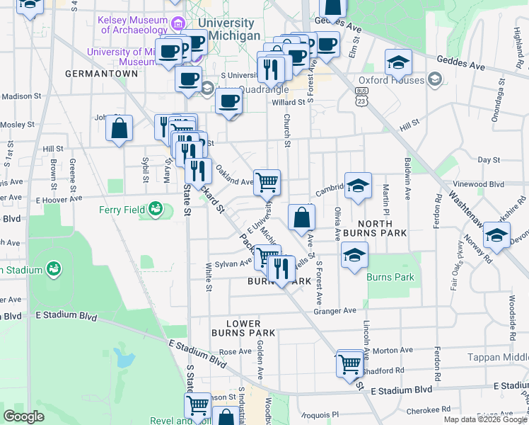 map of restaurants, bars, coffee shops, grocery stores, and more near 1032 Vaughn Street in Ann Arbor