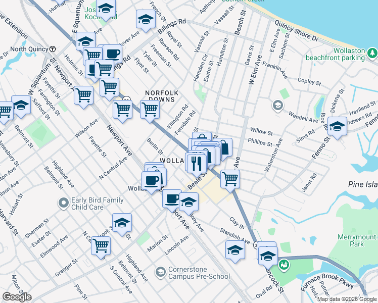 map of restaurants, bars, coffee shops, grocery stores, and more near Hancock Street in Quincy