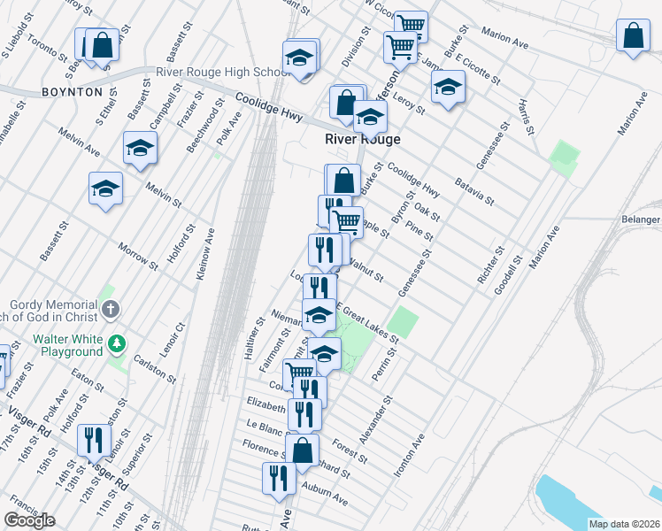 map of restaurants, bars, coffee shops, grocery stores, and more near 10940 West Jefferson Avenue in River Rouge