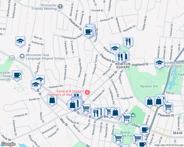 map of restaurants, bars, coffee shops, grocery stores, and more near 40 Howland Terrace in Worcester