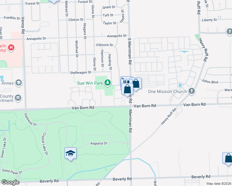 map of restaurants, bars, coffee shops, grocery stores, and more near 31520 Van Born Road in Wayne