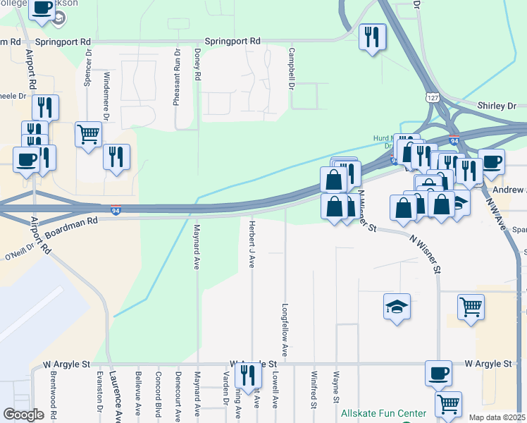 map of restaurants, bars, coffee shops, grocery stores, and more near Boardman Road in Jackson