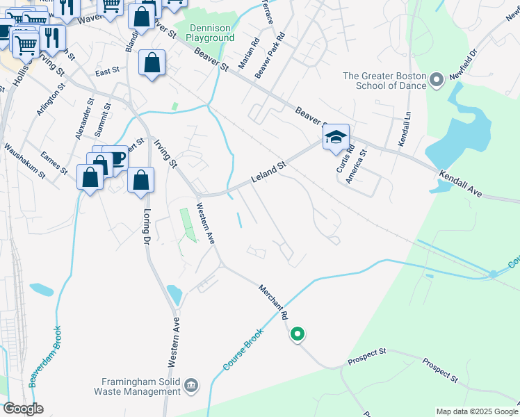 map of restaurants, bars, coffee shops, grocery stores, and more near 5 Weld Street in Framingham