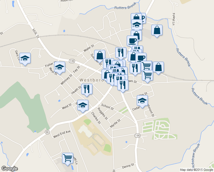 map of restaurants, bars, coffee shops, grocery stores, and more near 37 West Main Street in Westborough