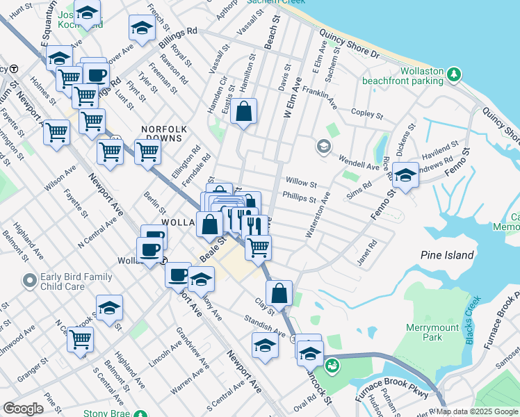 map of restaurants, bars, coffee shops, grocery stores, and more near 34 Kemper Street in Quincy