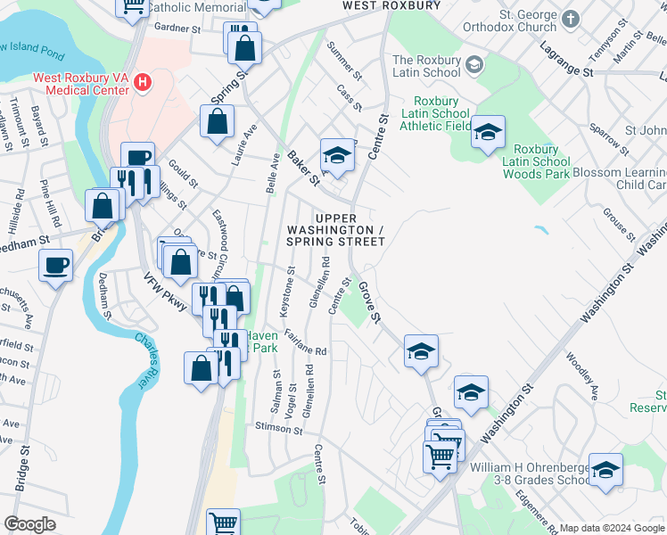map of restaurants, bars, coffee shops, grocery stores, and more near 70 Glenellen Road in Boston