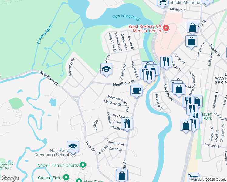 map of restaurants, bars, coffee shops, grocery stores, and more near 32 Lindale Avenue in Dedham
