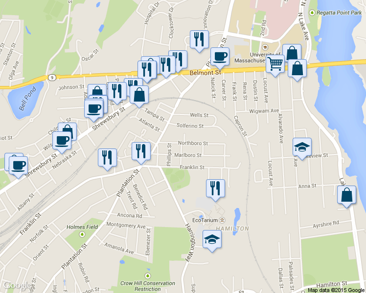 map of restaurants, bars, coffee shops, grocery stores, and more near 23 Marlboro Street in Worcester