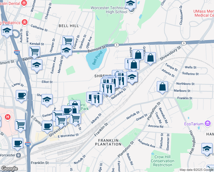 map of restaurants, bars, coffee shops, grocery stores, and more near 288 Shrewsbury Street in Worcester