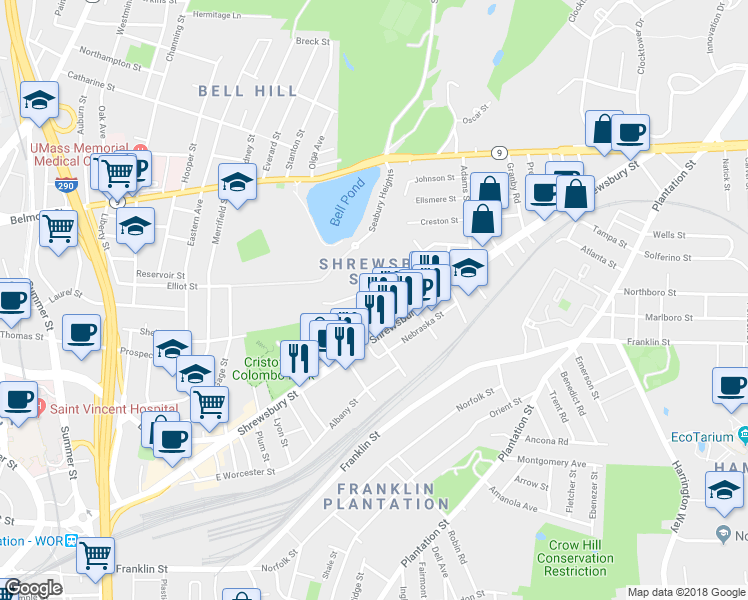 map of restaurants, bars, coffee shops, grocery stores, and more near 9 Wilson Street in Worcester