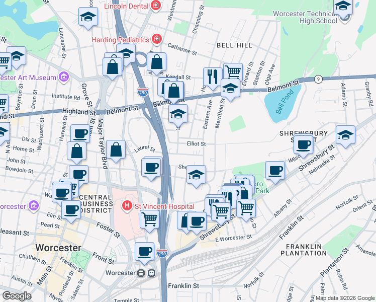 map of restaurants, bars, coffee shops, grocery stores, and more near 57 Laurel Street in Worcester