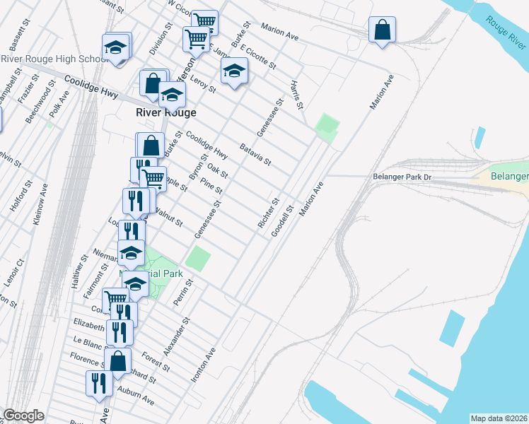 map of restaurants, bars, coffee shops, grocery stores, and more near 253 Richter Street in River Rouge