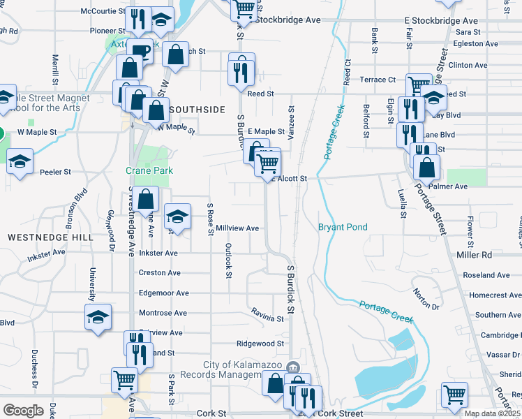 map of restaurants, bars, coffee shops, grocery stores, and more near 2221 South Burdick Street in Kalamazoo