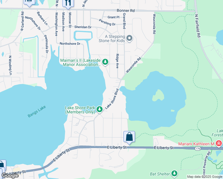 map of restaurants, bars, coffee shops, grocery stores, and more near 611 Lake Shore Boulevard in Wauconda