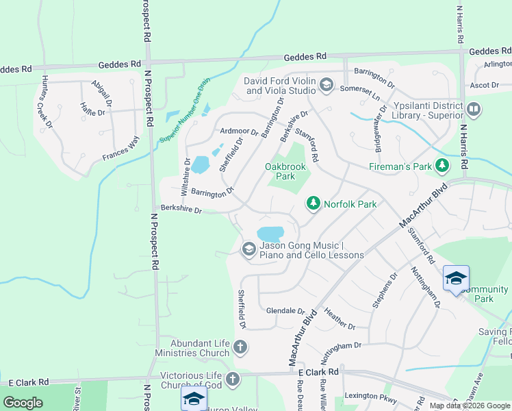 map of restaurants, bars, coffee shops, grocery stores, and more near 1937 Sheffield Drive in Superior Charter Township