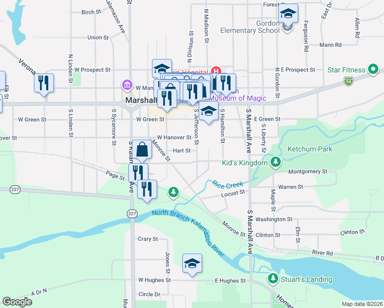 map of restaurants, bars, coffee shops, grocery stores, and more near 401 South Jefferson Street in Marshall