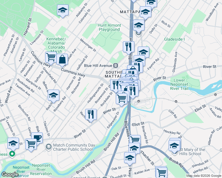 map of restaurants, bars, coffee shops, grocery stores, and more near 20 Rosewood Street in Boston
