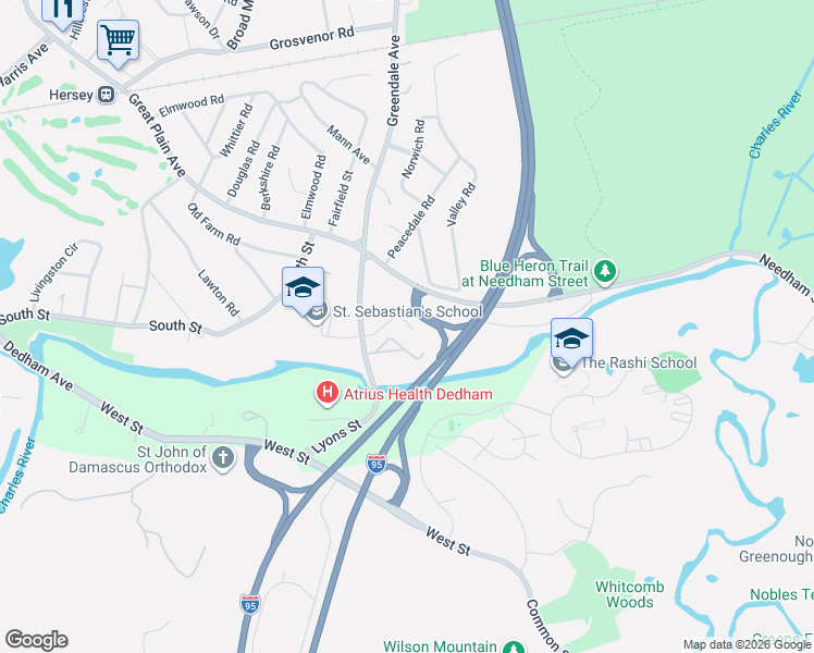 map of restaurants, bars, coffee shops, grocery stores, and more near 1202 Greendale Avenue in Needham