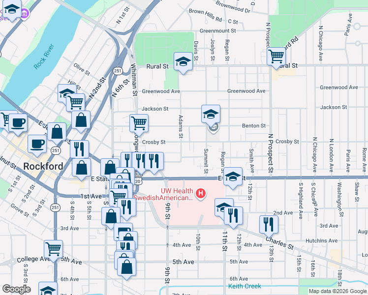 map of restaurants, bars, coffee shops, grocery stores, and more near 206 Adams Street in Rockford