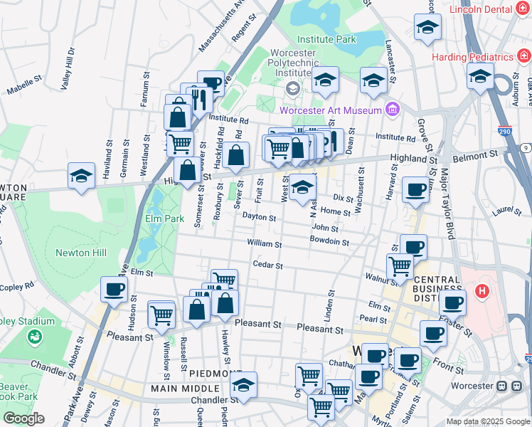 map of restaurants, bars, coffee shops, grocery stores, and more near 21 Dayton Street in Worcester
