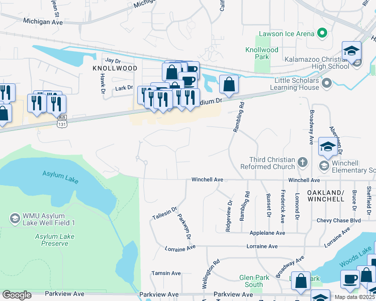 map of restaurants, bars, coffee shops, grocery stores, and more near 3210 Magnolia Circle in Kalamazoo