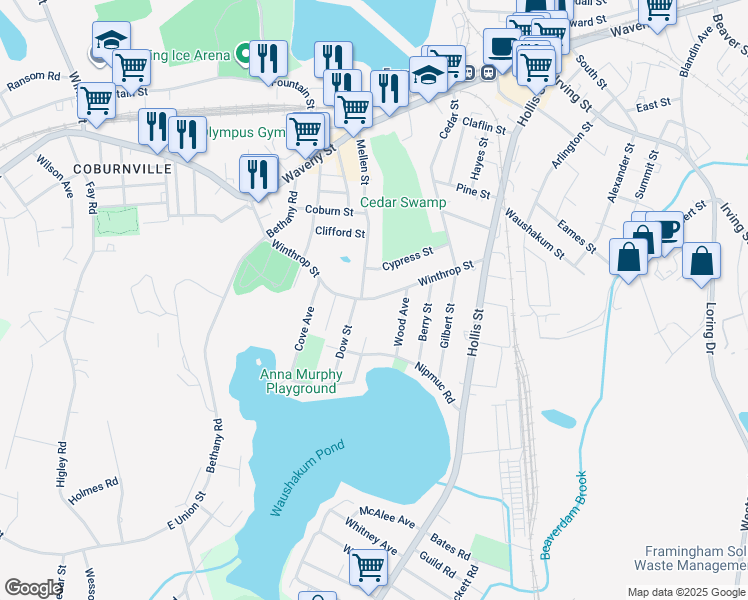 map of restaurants, bars, coffee shops, grocery stores, and more near 114 Winthrop Street in Framingham