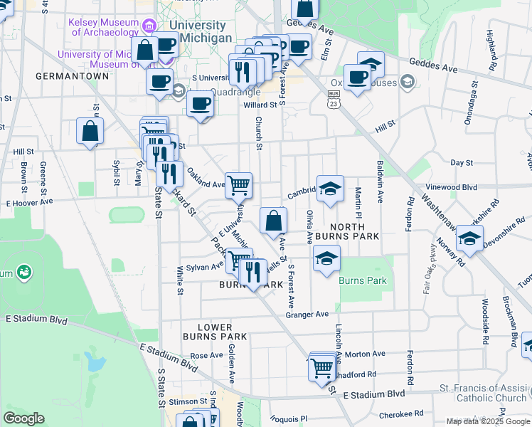 map of restaurants, bars, coffee shops, grocery stores, and more near 1101 Church Street in Ann Arbor