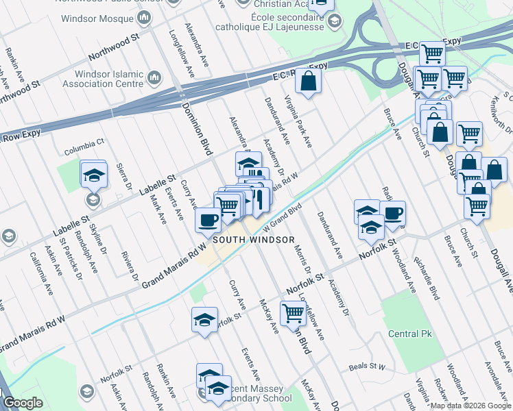 map of restaurants, bars, coffee shops, grocery stores, and more near 2934 Dominion Boulevard in Windsor
