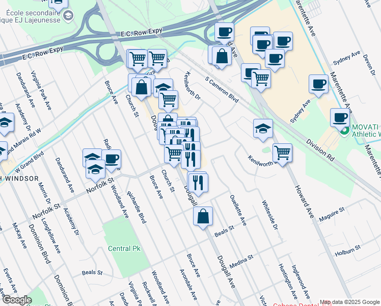 map of restaurants, bars, coffee shops, grocery stores, and more near 3208 Dougall Avenue in Windsor