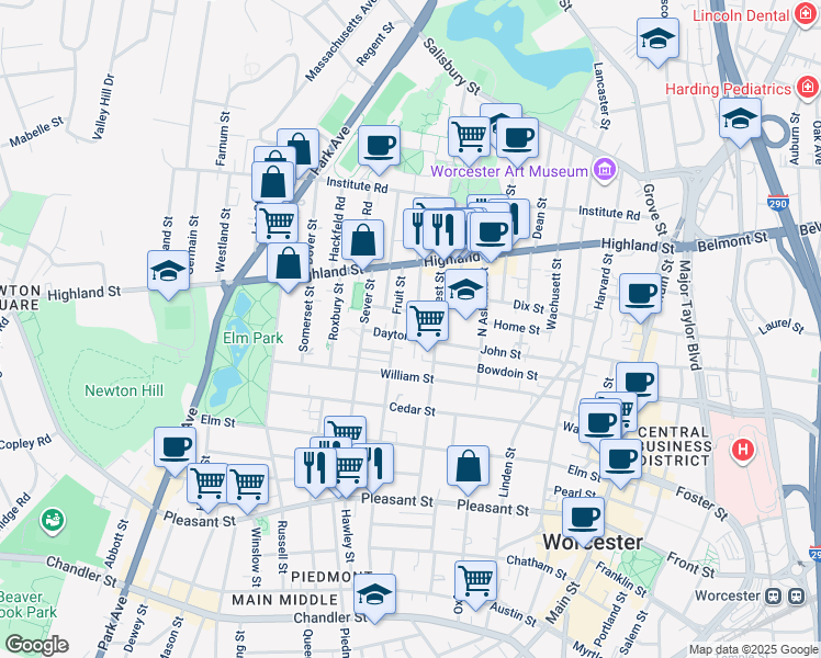 map of restaurants, bars, coffee shops, grocery stores, and more near 21 Dayton Street in Worcester