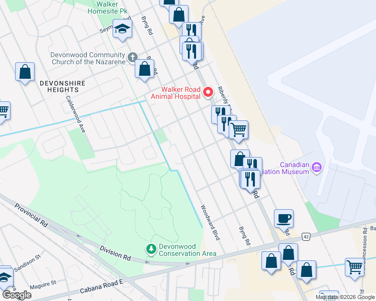 map of restaurants, bars, coffee shops, grocery stores, and more near 3705 Bliss Road in Windsor