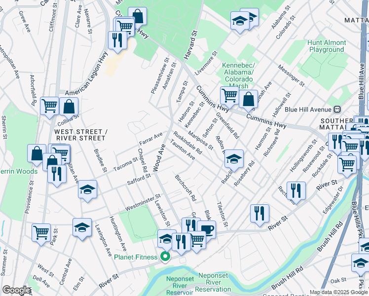 map of restaurants, bars, coffee shops, grocery stores, and more near 27 Taunton Avenue in Boston
