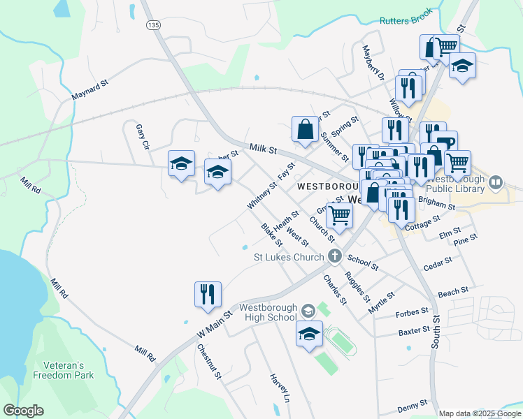 map of restaurants, bars, coffee shops, grocery stores, and more near 29 Blake Street in Westborough