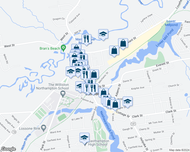 map of restaurants, bars, coffee shops, grocery stores, and more near 14 Chapman Avenue in Easthampton