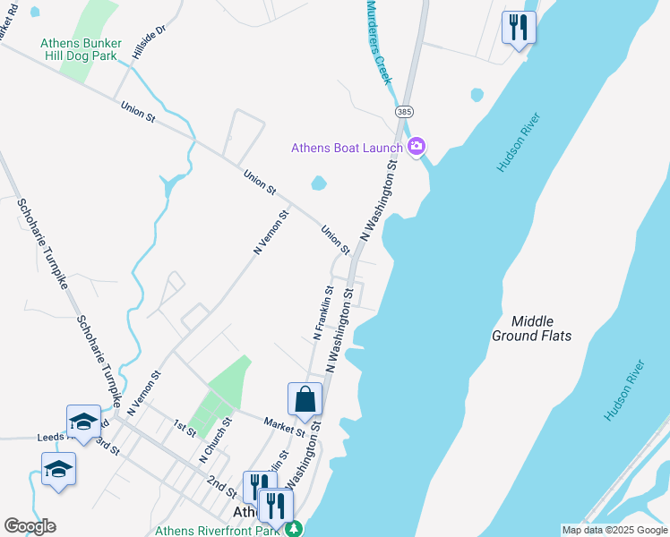 map of restaurants, bars, coffee shops, grocery stores, and more near 98 North Franklin Street in Athens