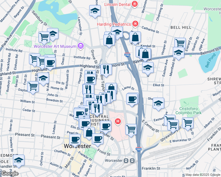 map of restaurants, bars, coffee shops, grocery stores, and more near 68-78 School St in Worcester