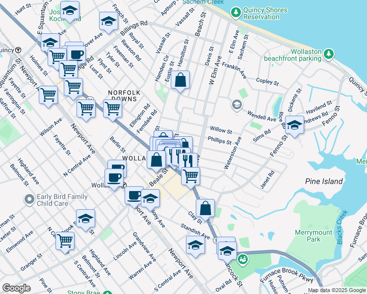 map of restaurants, bars, coffee shops, grocery stores, and more near 34 Kemper Street in Quincy