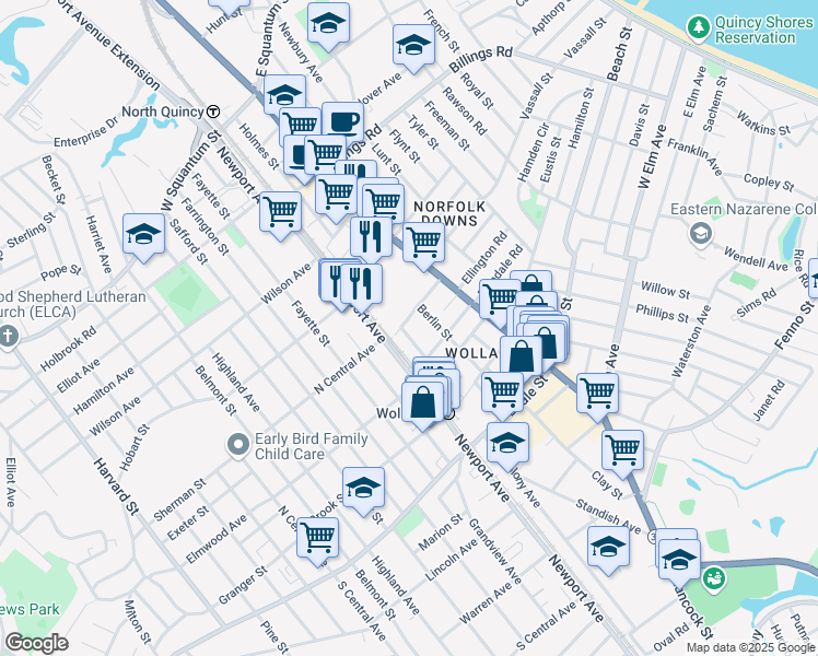 map of restaurants, bars, coffee shops, grocery stores, and more near 21 Weston Avenue in Quincy