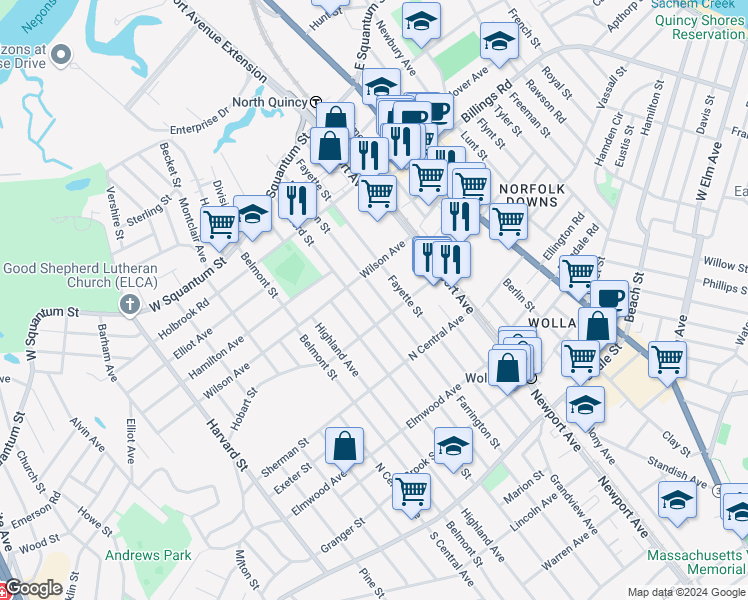 map of restaurants, bars, coffee shops, grocery stores, and more near 62 Hobart Street in Quincy