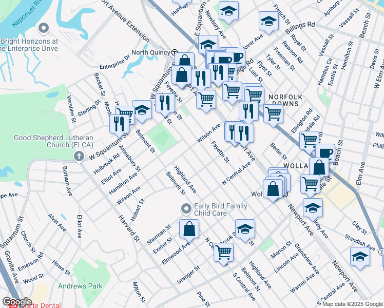 map of restaurants, bars, coffee shops, grocery stores, and more near 24 Taylor Street in Quincy
