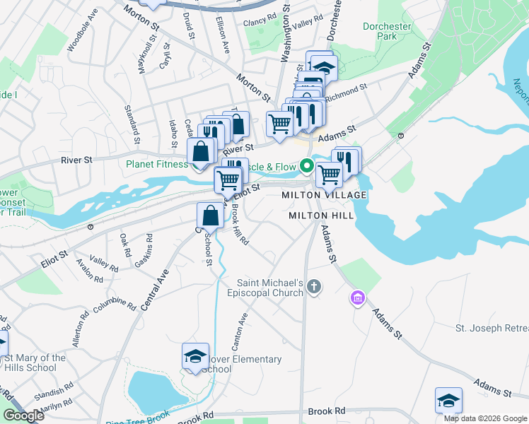 map of restaurants, bars, coffee shops, grocery stores, and more near 45 Morton Road in Milton